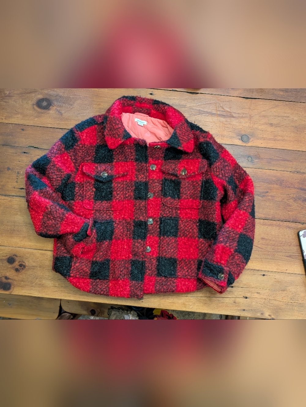 Sundance Red and Black Buffalo Plaid Sherpa Jacket, Quilt Lined Small